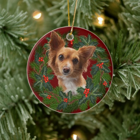 Long hair Chihuahua Dog Kerstmis met rood haar Keramisch Ornament (Boom)