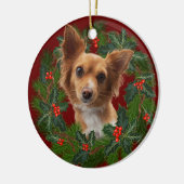 Long hair Chihuahua Dog Kerstmis met rood haar Keramisch Ornament (Links)