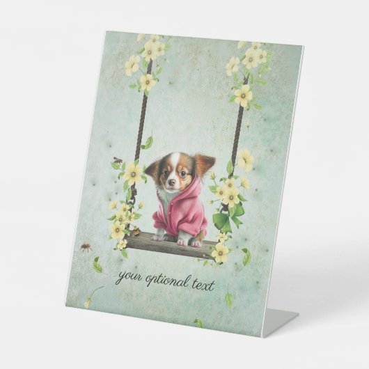 Long Hair Chihuahua op Swing Sign Reclamebord Met Voetstuk (Voorkant)