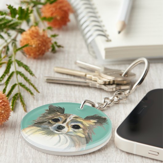 Long Hair Chihuahua Waterverf Portret Sleutelhanger (Voorkant Rechts)