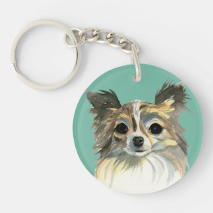 Long Hair Chihuahua Waterverf Portret Sleutelhanger