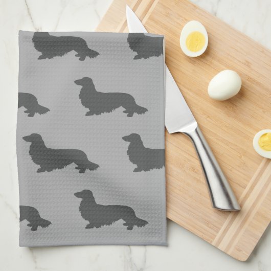 Long Hair Dachshund Kitchen Dish Towel Gray Theedoek (Quarter Fold)