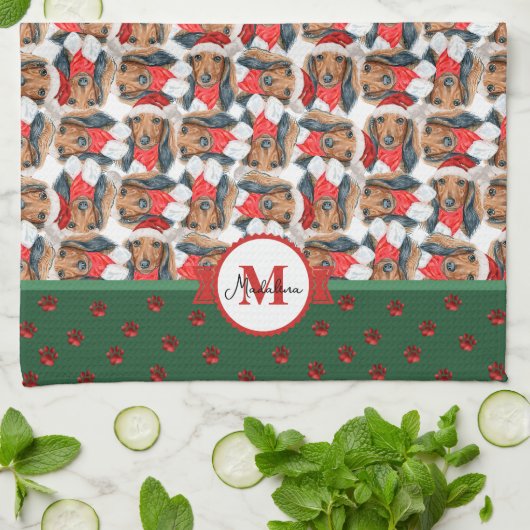 Long Hair Dachshund Pattern Monogram Kerstmis Dog Theedoek (Gevouwen)