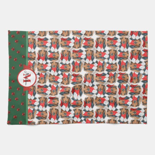 Long Hair Dachshund Pattern Monogram Kerstmis Dog Theedoek (Horizontaal)