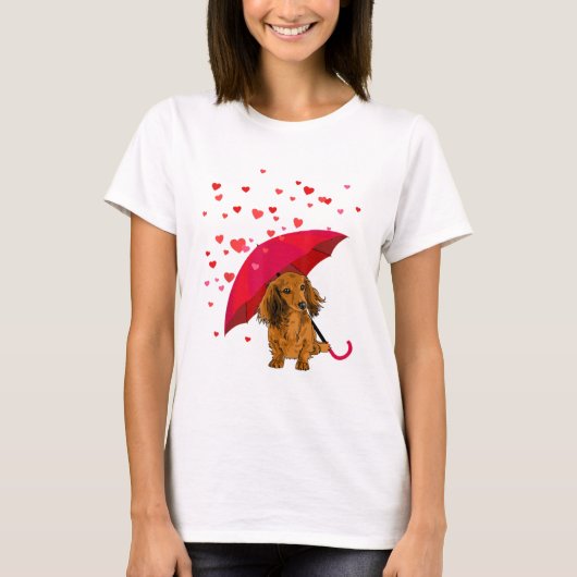 Long Hair Dachshund Raining Hearts Valentijnsdag T-shirt (Voorkant)