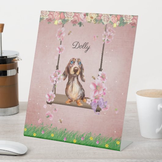 Long Hair Dapple Dachshund Sign Reclamebord Met Voetstuk (Insitu)