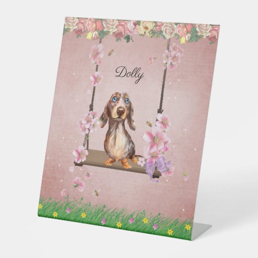 Long Hair Dapple Dachshund Sign Reclamebord Met Voetstuk (Voorkant)