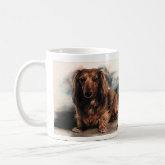 Long Haire Dachshund hond Koffiemok (Links)