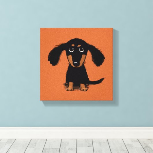 Long Haire Dachshund Puppy Canvas Afdruk (Insitu (Houten vloer))