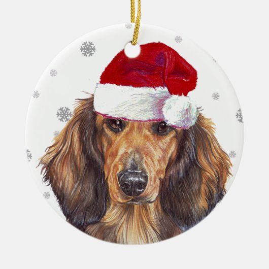 Long Haire Dachshund - Santa Hat Kerstmis Bauble Keramisch Ornament (Voorkant)