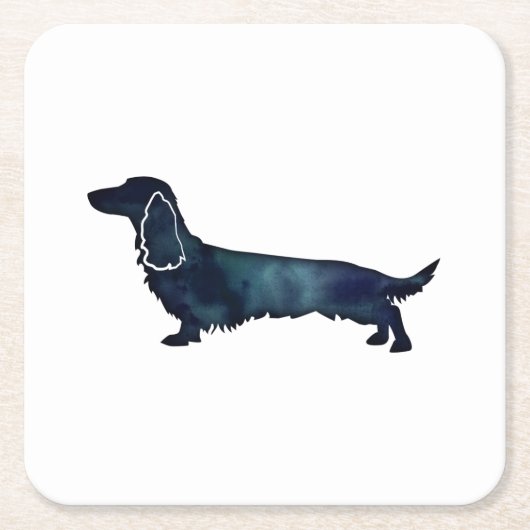 Long Haire Dachshund Silhouette Black Waterverf Kartonnen Onderzetters (Voorkant)