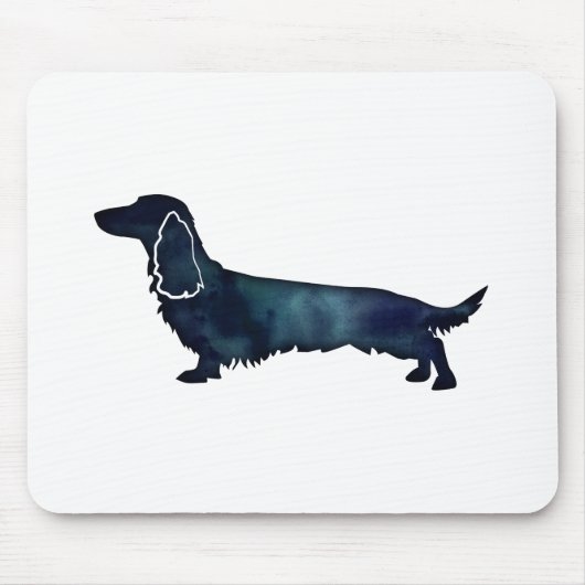 Long Haire Dachshund Silhouette Black Waterverf Muismat (Voorkant)