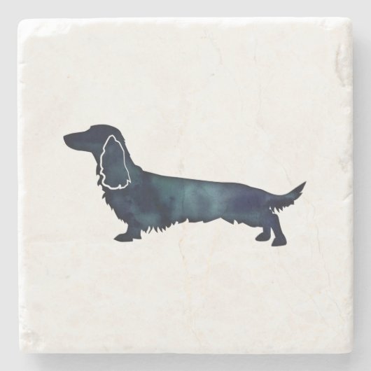 Long Haire Dachshund Silhouette Black Waterverf Stenen Onderzetter (Voorkant)