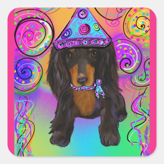 LONG HAIRED BLACK & TAN DOXIE VIERKANTE STICKER (Voorkant)