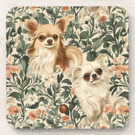 Long Haired Chihuahuas William Morris stijl bloeme Bier Onderzetter (Voorkant)