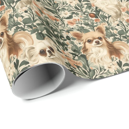 Long Haired Chihuahuas William Morris stijl bloeme Cadeaupapier (Rol Hoek)