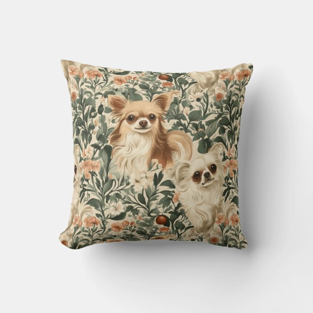 Long Haired Chihuahuas William Morris stijl bloeme Kussen (Voorkant)