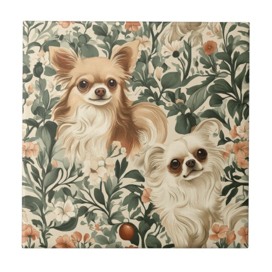 Long Haired Chihuahuas William Morris stijl bloeme Tegeltje (Voorkant)