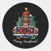 Long Haired Dachshund Christmas Dog Truck Plaid Fu Ronde Sticker (Voorkant)