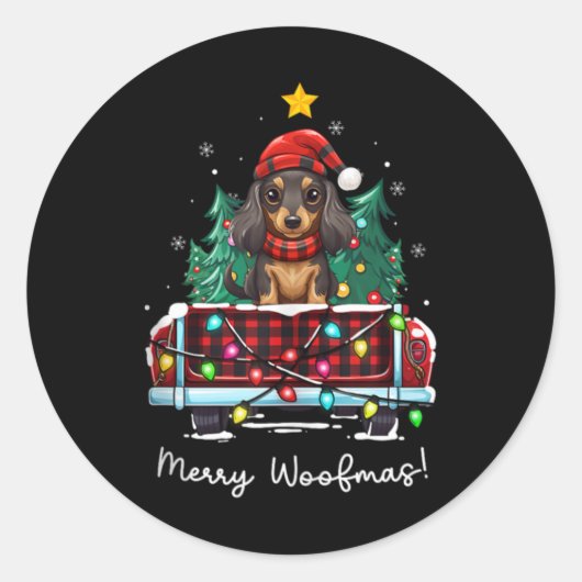 Long Haired Dachshund Christmas Dog Truck Plaid Fu Ronde Sticker (Voorkant)