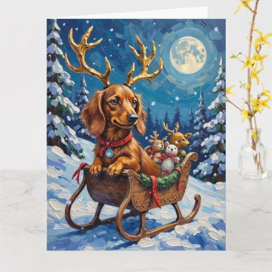 Long-Haired Dachshund Reindeer Sleigh Kaart (Gele Bloem)