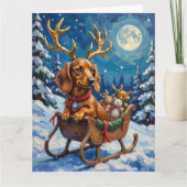 Long-Haired Dachshund Reindeer Sleigh Kaart (Voorkant)