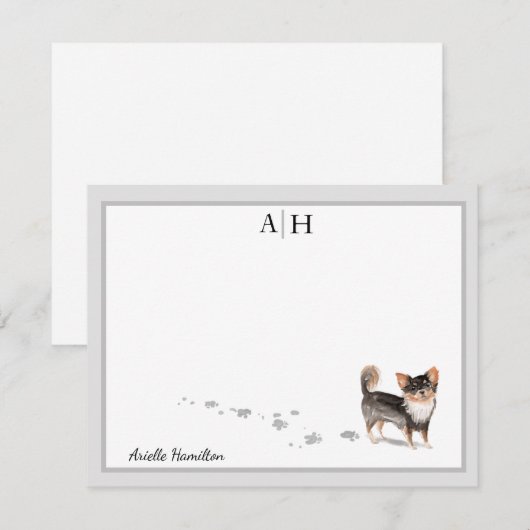 Long Hazard Chihuahua Dog Gray Border Monogram Notitiekaartje (Voorkant / Achterkant)