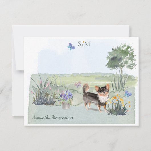  Long Hazard Chihuahua Dog Monogram en naam     Notitiekaartje (Voorkant)