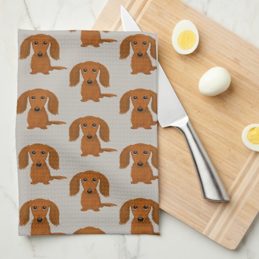 Long Hazard Red Dachshund Pattern Theedoek (Quarter Fold)