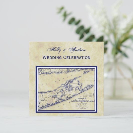 Long Island The Hampton Map Distress SQ Wedding Kaart (Staand voorkant)