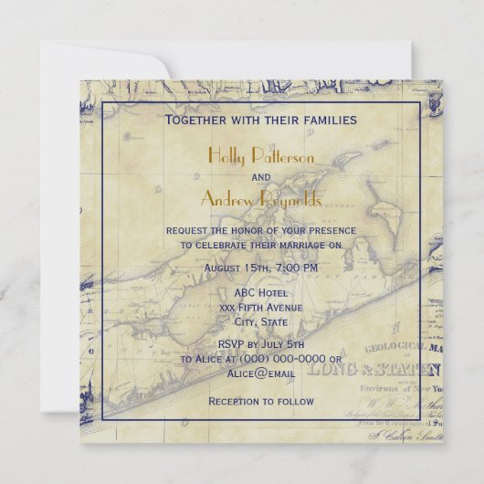 Long Island The Hampton Map Distress SQ Wedding Kaart (Achterkant)