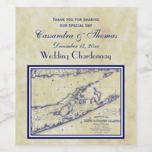 Long Island The Hamptons Map, Distress BG #3 Wijn Etiket (Enkel label)