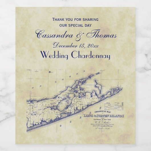 Long Island The Hamptons Map, Distress BG #3 Wijn Etiket (Enkel label)