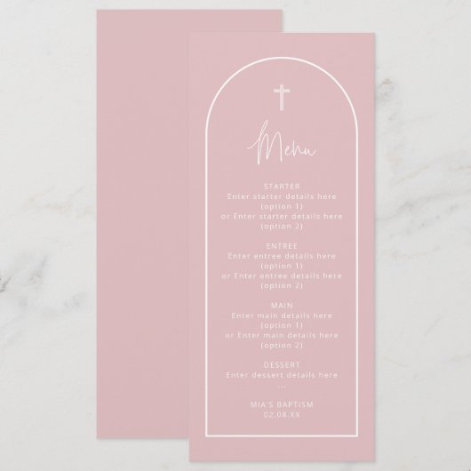 Long Pastel Baby Roze Arch Cross Baptism Menu Kaar Kaart (Voorkant / Achterkant)