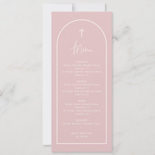 Long Pastel Baby Roze Arch Cross Baptism Menu Kaar Kaart (Voorkant)