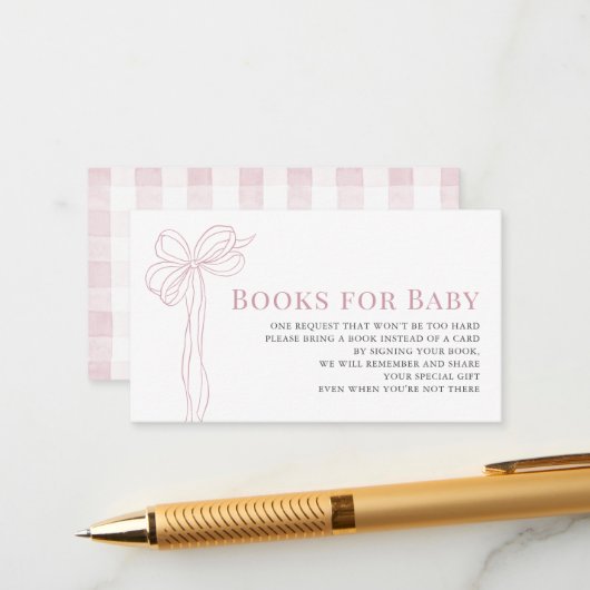 Long Pink Bow Ribbon Girl Baby Shower Book Request Informatiekaartje (Voorkant / Achterkant in situ)