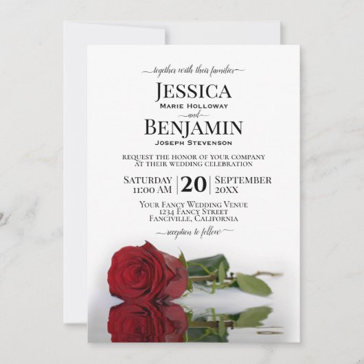 Long Stemmed Red Rose Elegant Wedding Kaart (Voorkant)