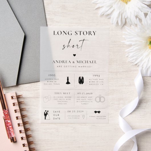 Long Story Short Infographic Save the Date Wedding Vellum Uitnodigingen (Huwelijk)
