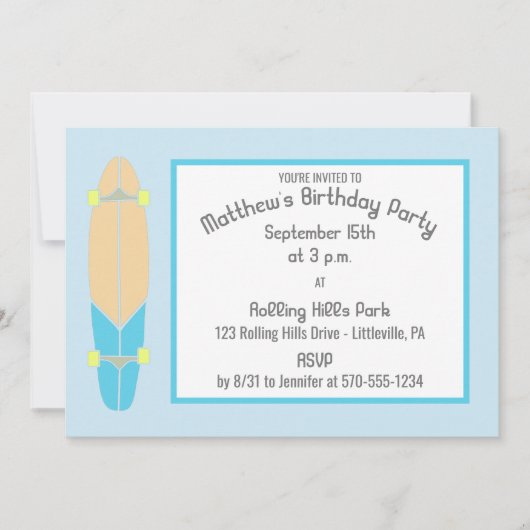 Longboard skateboard verjaardagsfeestje kaart (Voorkant)