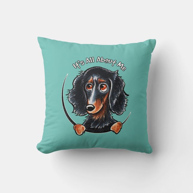 Longhair Dachshund Black Tan IAAM Blauwgroen Kussen (Voorkant)