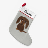 Longhaire Chocolate Dachshund Long Hazard Wiener Kleine Kerstsok (Voorkant (Hangend))