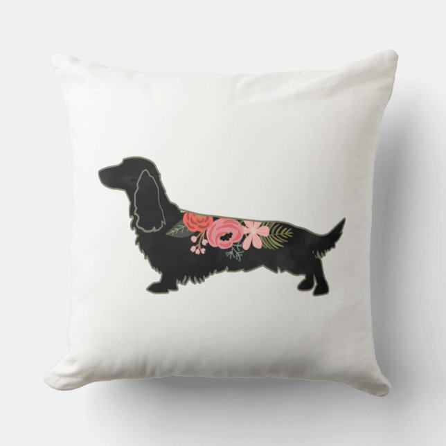 Longhaire Dachshund Bohemian Floral Silhouette Kussen (Voorkant)