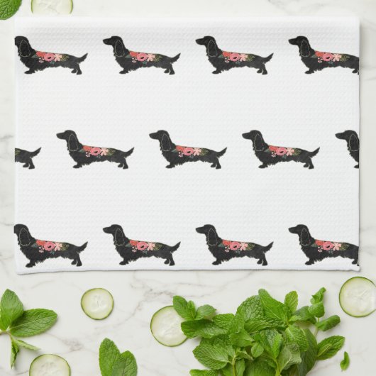 Longhaire Dachshund Bohemian Floral Silhouette Theedoek (Gevouwen)