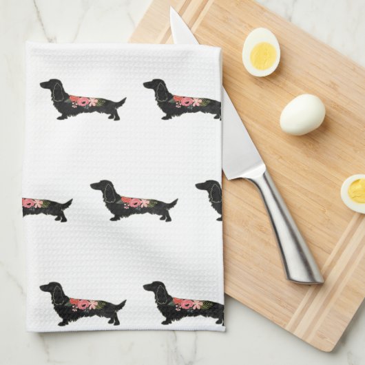 Longhaire Dachshund Bohemian Floral Silhouette Theedoek (Quarter Fold)