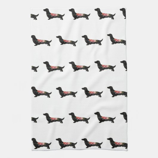 Longhaire Dachshund Bohemian Floral Silhouette Theedoek (Verticaal)
