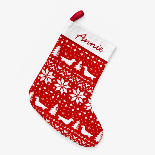 Longhaire Dachshund Silhouettes Pattern Red Kleine Kerstsok (Voorkant (Hangend))