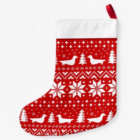 Longhaire Dachshund Silhouettes Pattern Red Kleine Kerstsok (Achterkant)
