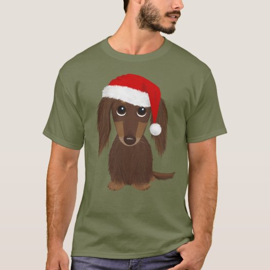 Longhaired Chocolade Dachshund Kerstmis T-shirt (Voorkant)