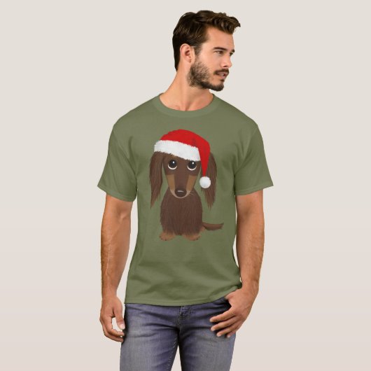 Longhaired Chocolade Dachshund Kerstmis T-shirt (Voorkant volledig)