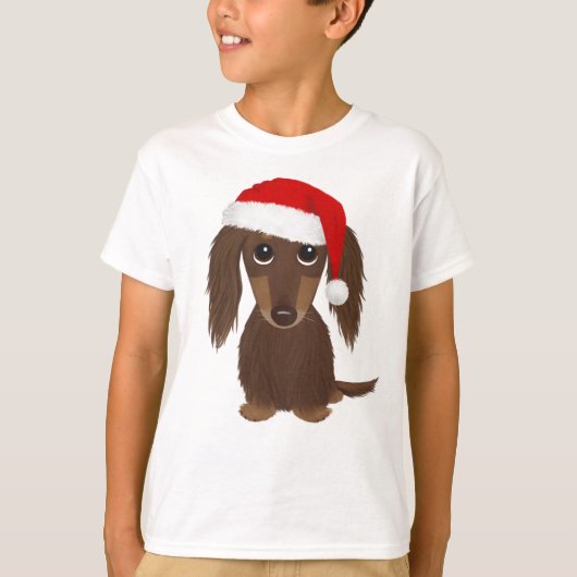 Longhaired Chocolade Dachshund Kerstmis T-shirt (Voorkant)
